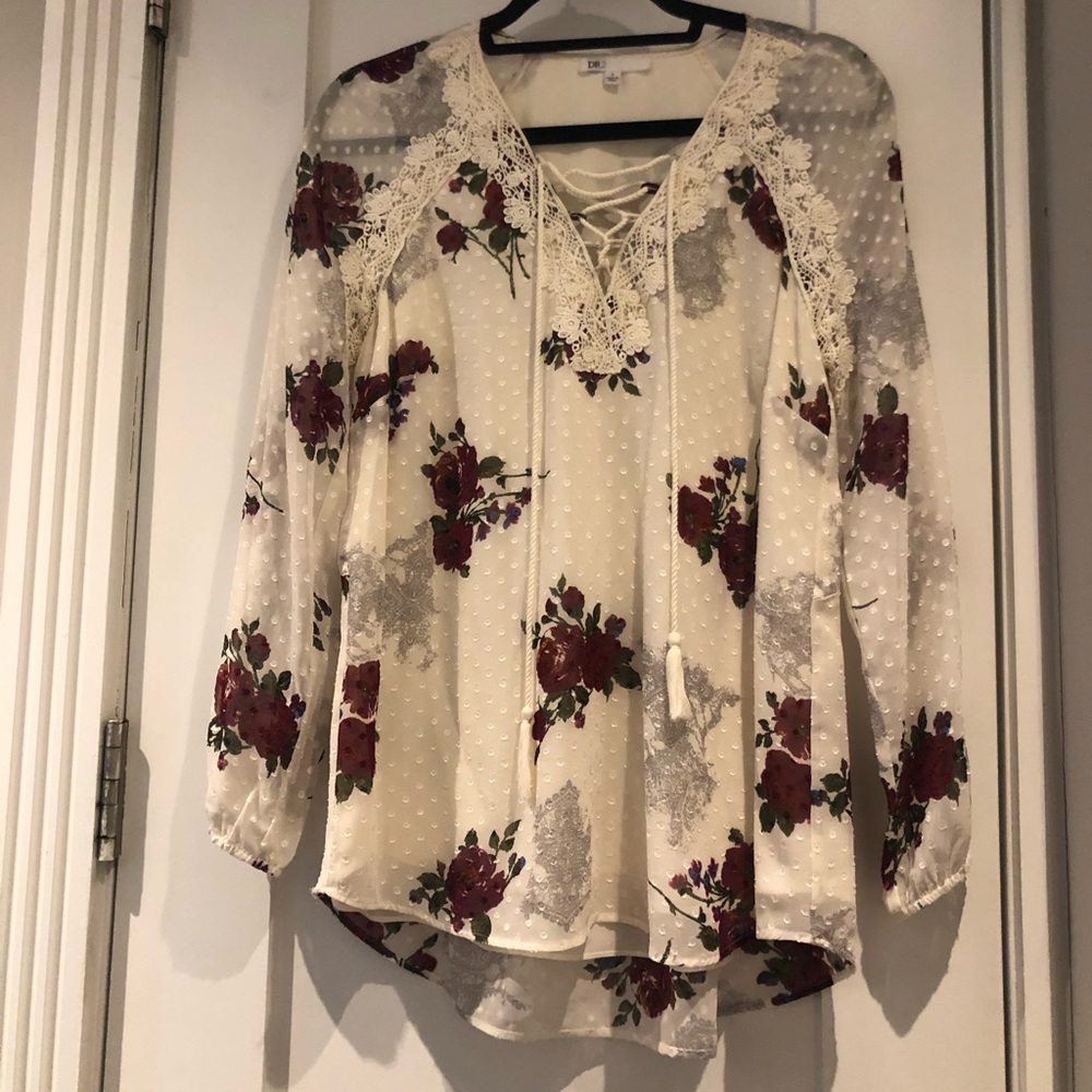 Floral lace up peasant blouse